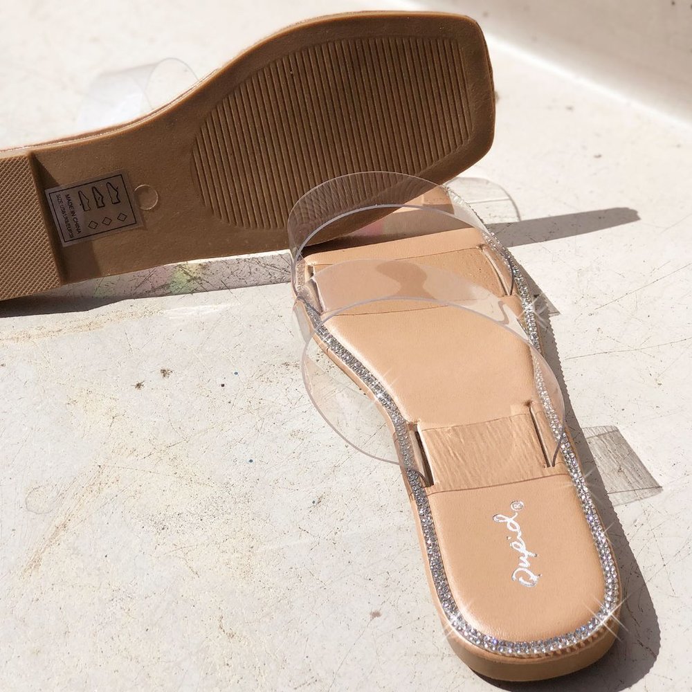 NEW Clear Sparkly Rhinestone Embellished Double Straps Slip On Slides Sandals - Picture 14 of 15